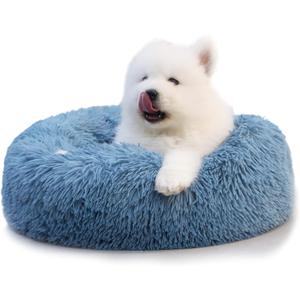 Comfy Calming Dogs Bed for Deep Sleep Small Puppy ，Puppy Bed with Fluffy Donut is for Anxiety Small Dogs，19" Round Soft Faux Fur Pet Bed for Small Dogs Under 15 lbs Machine Washable Blue