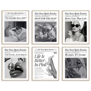 Uniro Trendy Newspaper Wall Art Prints, Vintage Black & White Newspaper Wall Decor Aesthetic Pictures, Retro Girly Dorm Room Decor, Funky Bathroom Wall Decor Disco Poster for Teen Girl Bedroom Apartment, Bar Cart Decor - Unframed