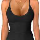 iGENJUN Tank Tops for Women 2025 Built in Shelf Bra Spaghetti Strap Summer Camisole U Neck Slim Fit Ribbed Sleeveless (Large)
