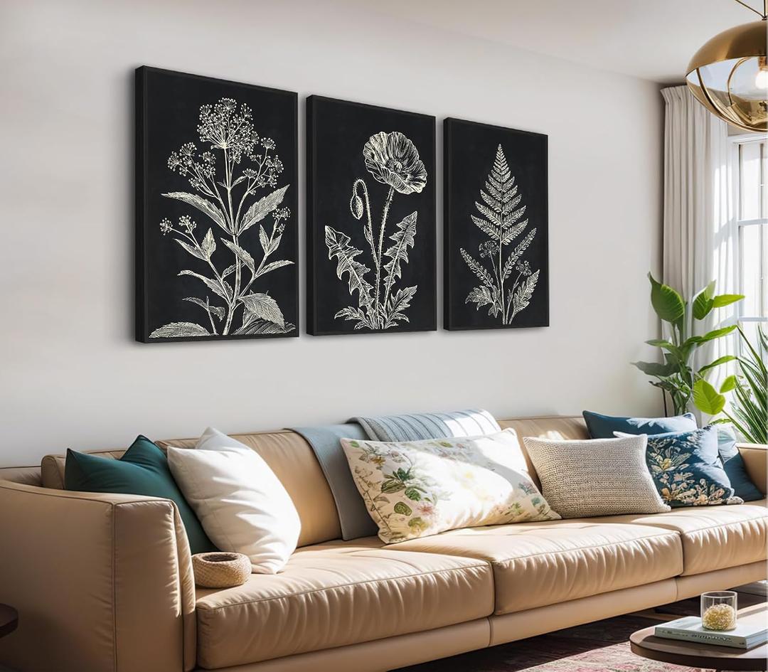 Large Framed Botanical Wall Art, Minimalist Floral Canvas Prints, 16"x24"x3, 16" X 24" X 3pcs Framed