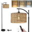 Arc Floor Lamp for Living Room with Remote Control,Farmhouse Boho Floor Lamps with 3 Color Temperature,Rustic Standing Lamp with Rattan Wicker Shades,Adjustable Tall Lamp for Bedroom,Office,Reading