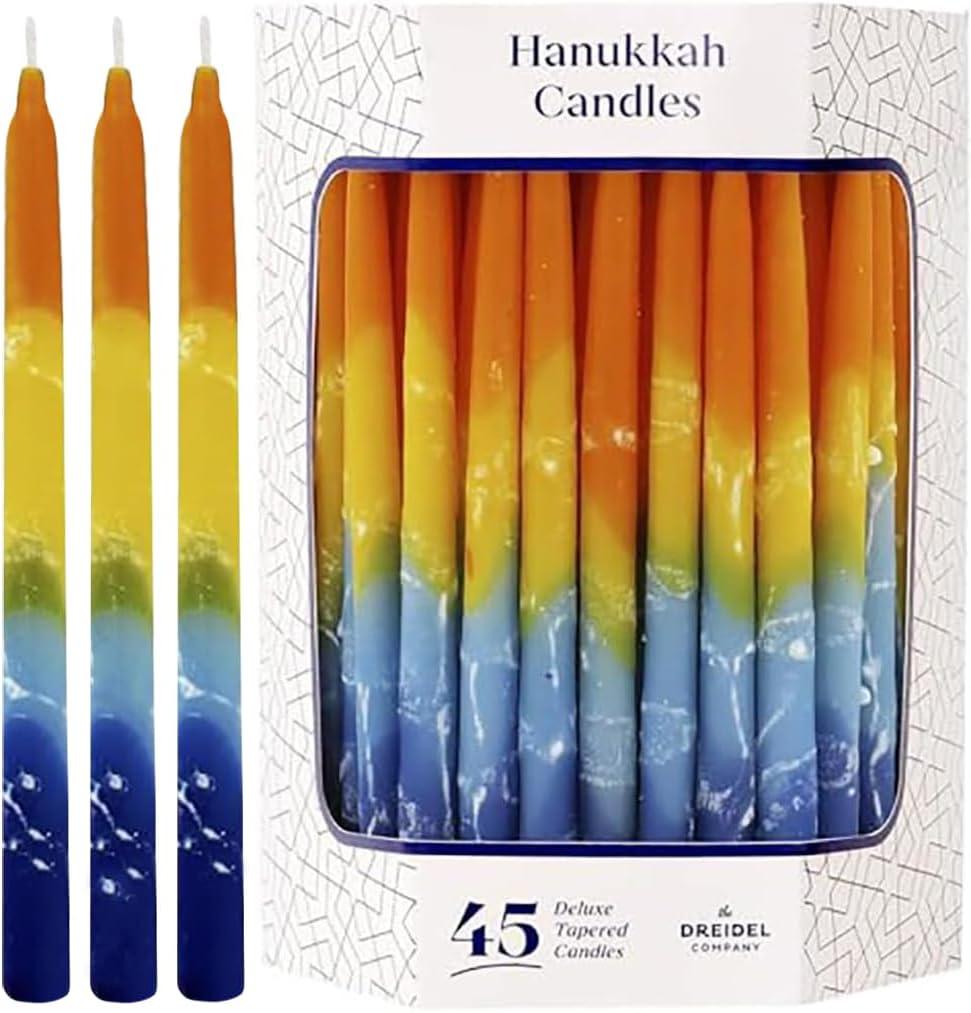 Dripless Hanukkah Candles Deluxe Sunburst Tri Colored Hand Decorated Hanukkah Candles 45 Count for All 8 Nights of Hanukkah 1-Hour Burn Time