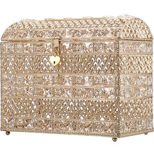 ELLDOO Crystal Wedding Card Box with Heart Lock, Vintage Money Card Box Treasure Chest Style Gold Gift for Wedding Receptions, Centerpiece Decor, Anniversary Keepsake, Gift, Large Size