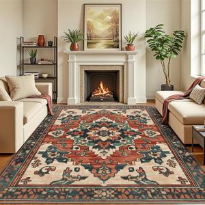 6x9 Machine Washable Non-Slip Area Rug & Mat - Soft Faux Wool & Polyester, Boho Stain-Resistant Indoor Carpet for Bedroom, Dining Room, Kitchen, Living, Nursery, Low Pile, High Traffic (Red)