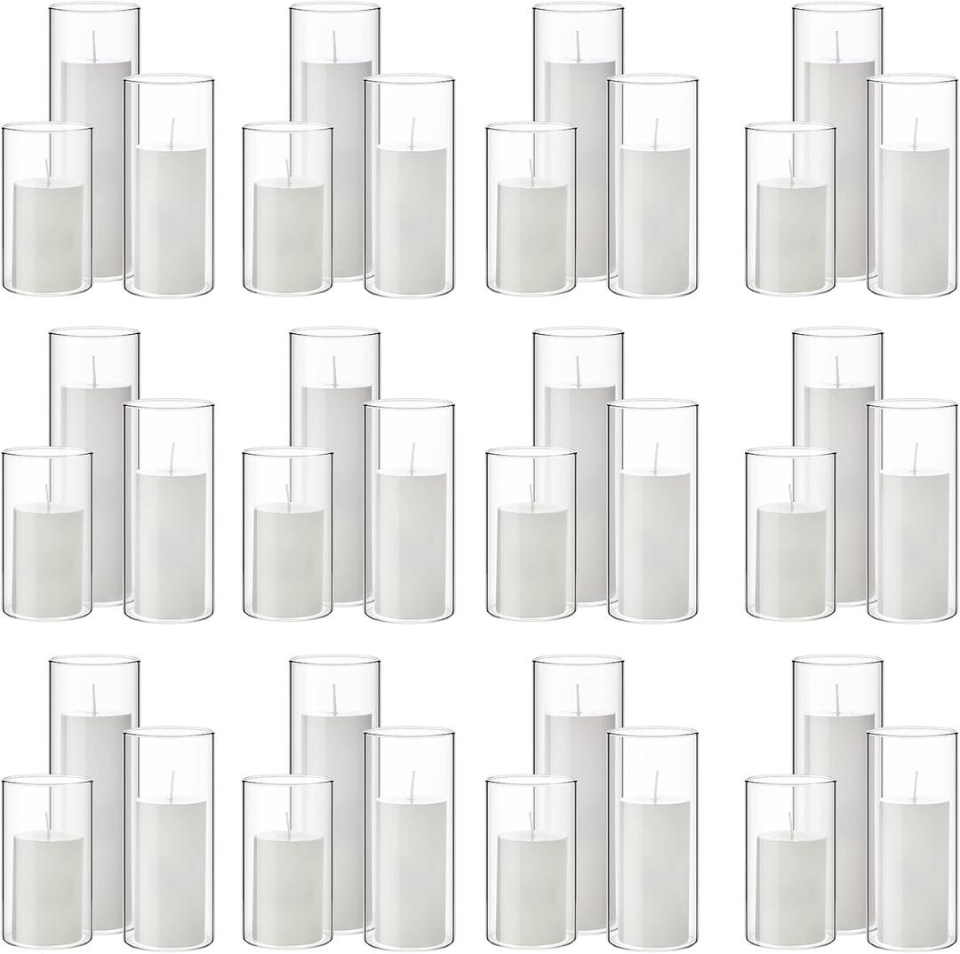 Shihanee Set of 36 Pillar Candles and Glass Cylinder Vases Clear Cylinder Holders for Slim Pillar Candles Wedding Centerpieces(2.6'' X 4.7'', 5.9'', 7.9'',White)