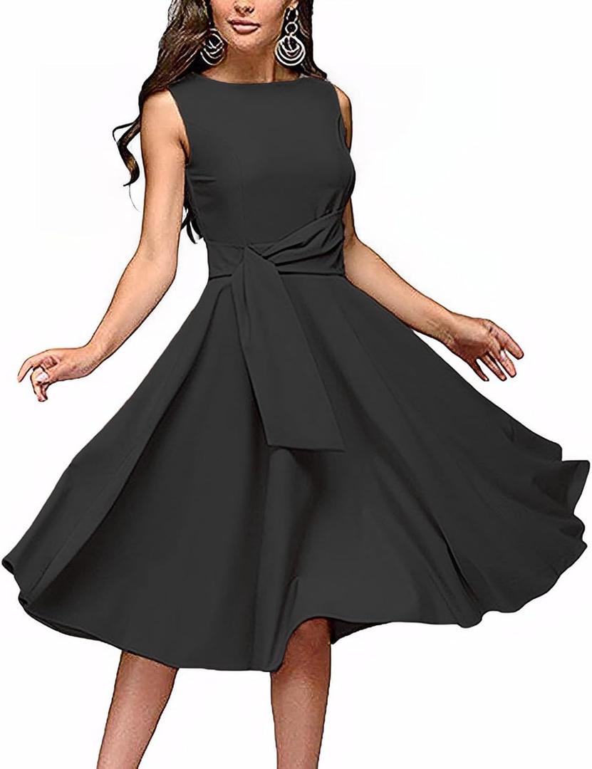 FENJAR Women's Formal Dresses Casual Wedding Guest Church Work Elegance Audrey Hepburn Style A-line Midi Dress (Small, Black)