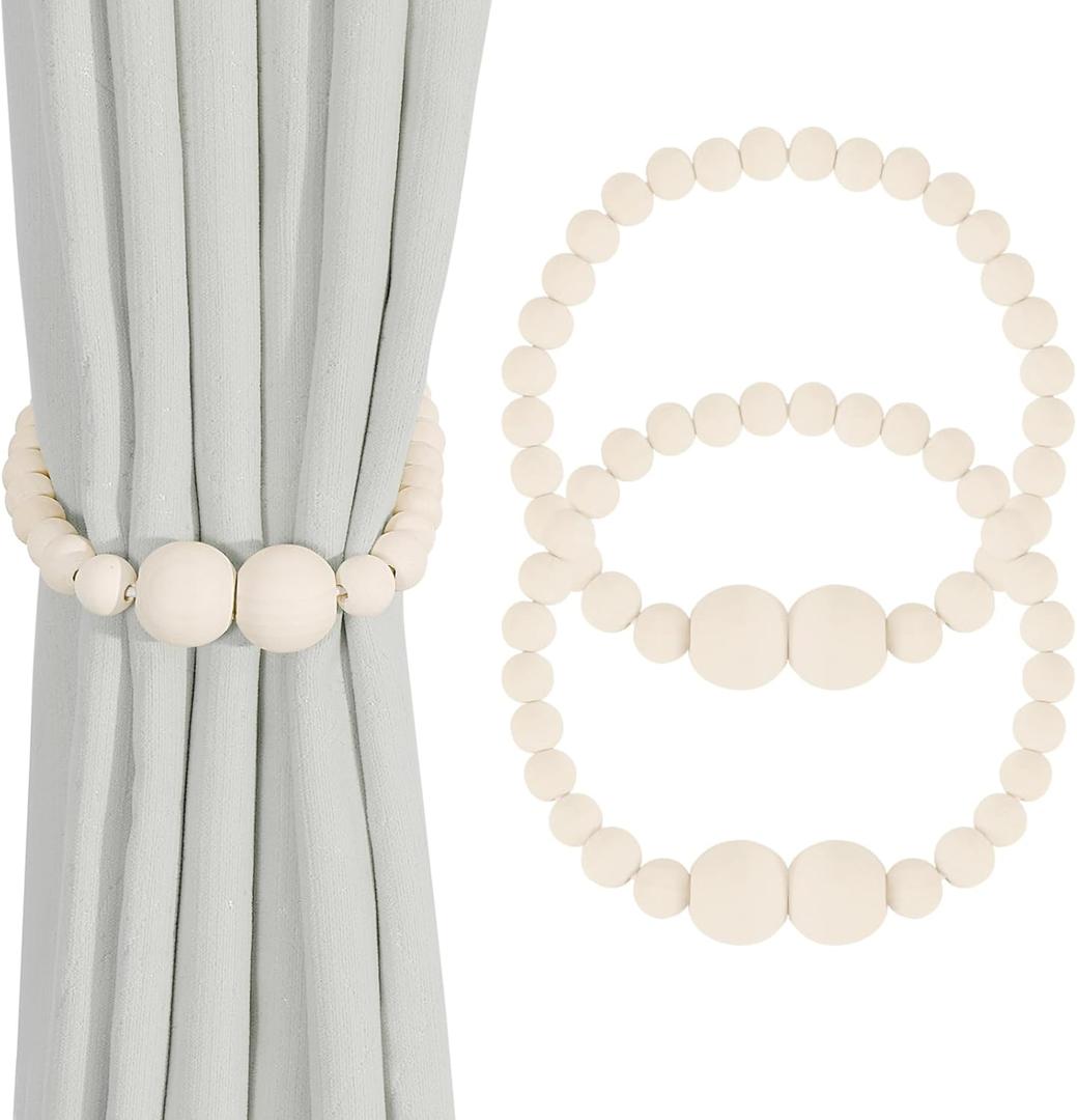 Magnetic Curtain Tiebacks, 2 Pack Curtain Holdbacks for Draperies, Wood Bead Curtain Tiebacks, Elegant Curtain Tie Backs for Bedroom Decor, Boho Room Decor, Nursery Decor, Farmhouse Decor