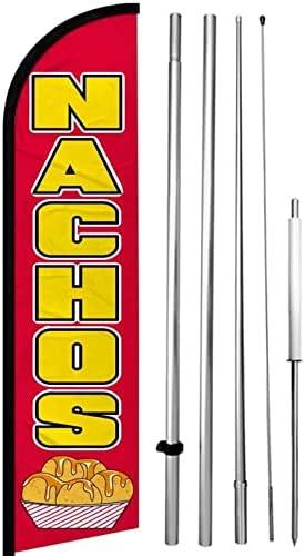 4Less NACHOS Windless Swooper Flag Feather Banner Sign 15 ft Tall Large Pole Spike Kit rf-h, Red