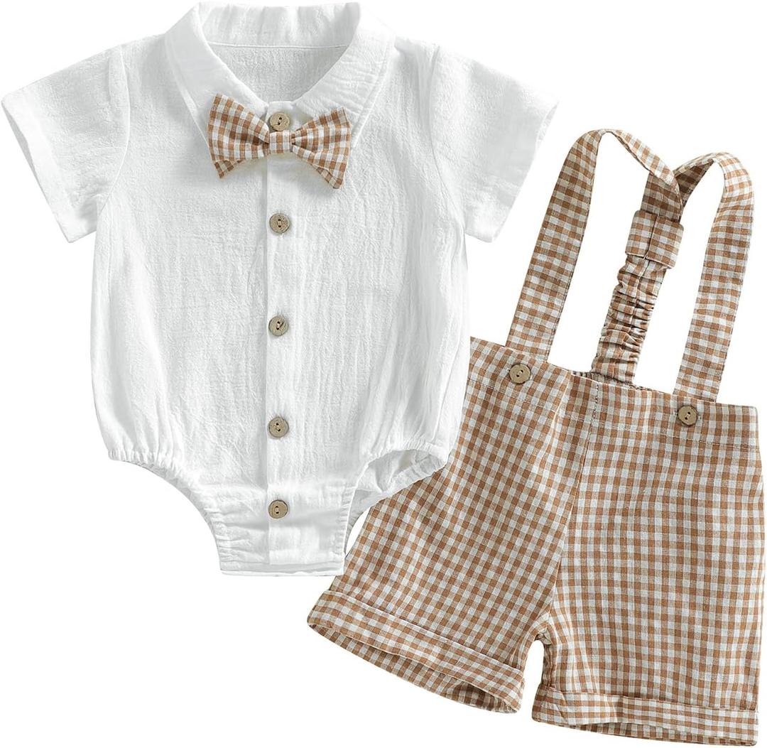 Newborn Baby Boy Gentleman Outfit Summer Short Sleeve Button Up Bowtie Dress Shirt Romper Plaid Suspender Shorts Set (White)