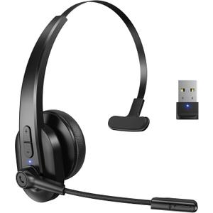 Bluetooth Headset with USB Dongle for Computer, Single-Ear Wireless Headset with Noise Cancelling Microphone for Office & Truckers, Bluetooth V5.2 with Mute Button for Work (Black)
