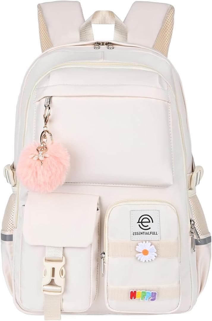 School Backpack for Girls & Women, Bookbag for Middle School & College, Large Travel Daypack for Laptop (White)