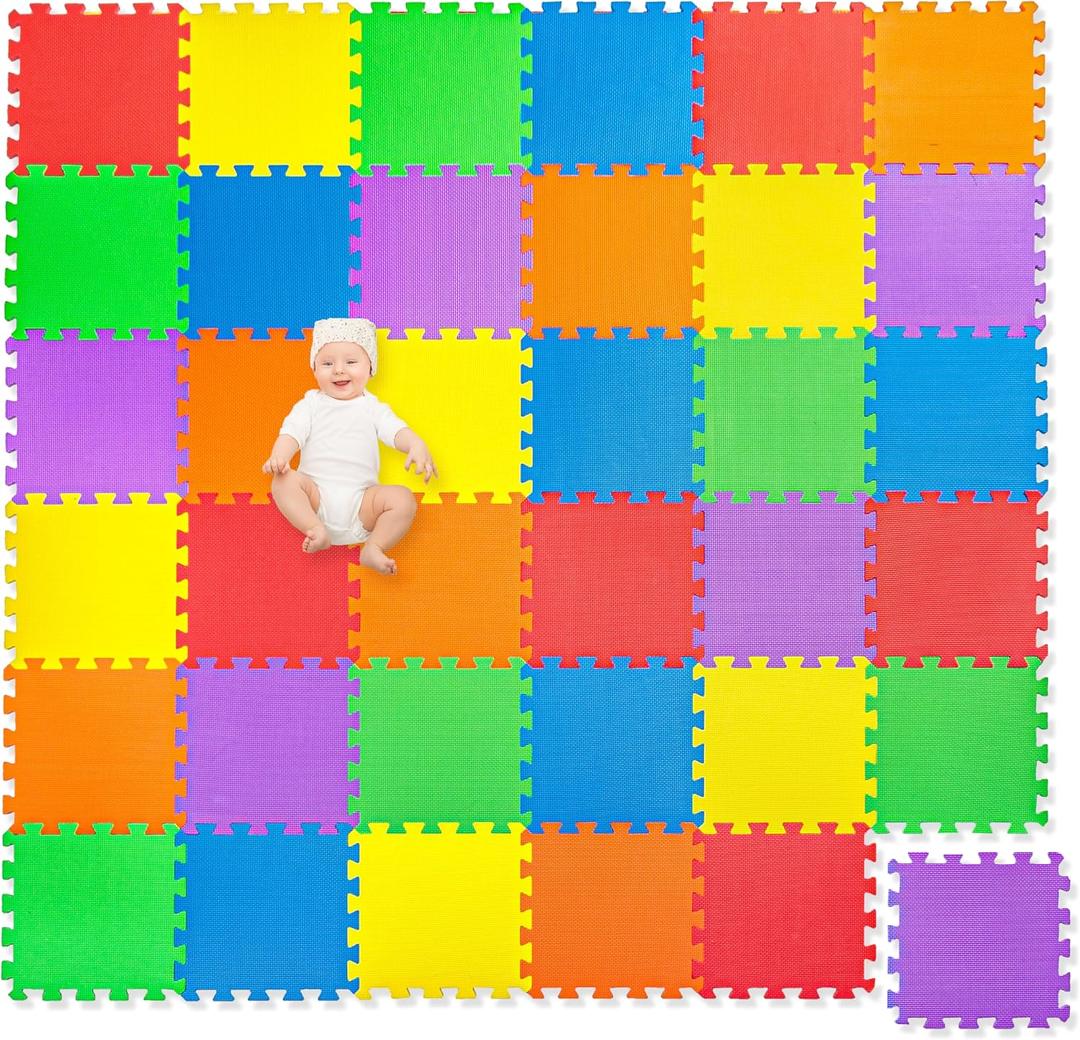 Non-Toxic Extra-Thick 36 Piece Children Play & Exercise Mat - Comfortable Cushiony Foam Floor Puzzle Mat, 6 Vibrant Colors for Kids & Toddlers, 6x6'