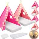 6 Pack Sleepovers Teepee Tent for Kids Bulk with Mattress Sheet Light,Natural Cotton Washable Indoor Play Tent for Birthday Slumber Party Girls Boys Pajama Movie Night Supplies(Pink, Rose Red)
