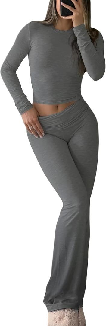YETOWA Y2K 2 Piece Outfits Tummy Control Long Sleeve Crop Top High Waisted Flare Pants Soft Knit Lounge Set, Size S, Grey