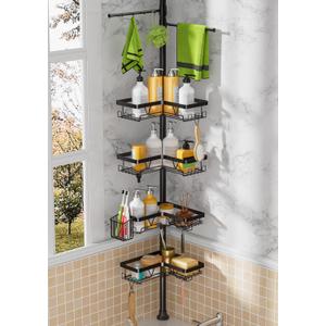 DAOYA Tension Rod Shower Caddy Corner - Tension Pole Shower Caddy with 2 Towel Bars & Toothbrush Holder, Black Bathtub Organizers and Storage Corner Stainless Steel(Tall 25 to 114.2 Inches)