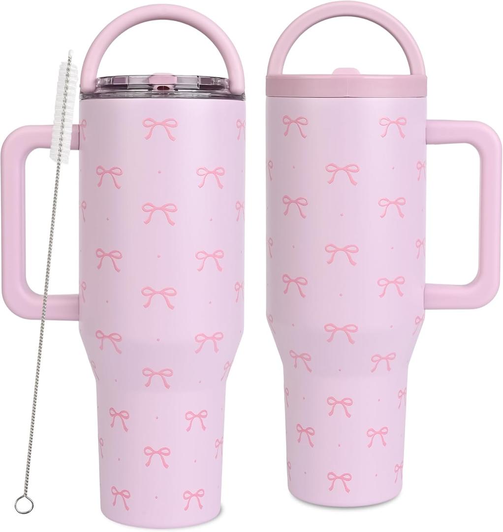 Christmas Gift for Girlfriend - 40 oz Coquette Bow Tumbler with Handles & Straw Lid, Insulated Travel Coffee Mug, Leak Proof, Stainless Steel Cup with Cleaner for Women, Birthday Gift (Pink)