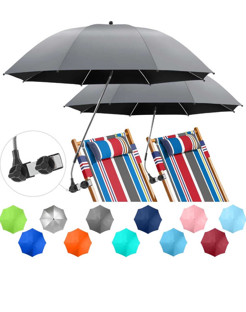 2 PACK Chair Beach Umbrella with Clamp, 360 ° Adjustable Umbrellas for Chair, UPF50+ Umbrellafor Beach Chair, Patio Chair, Wheelchair, Camping Chair, Golf Carts (Chair Not Included)