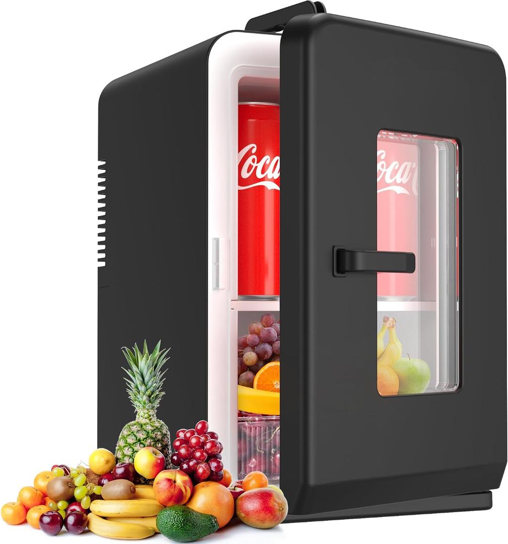 Mini Fridge, 15 Litre/21 Cans Small Fridge for Bedroom, Car, Office & Dorm, 110V AC/DC Portable Thermoelectric Cooler & Warmer for Skincare, Food, Drinks, Black