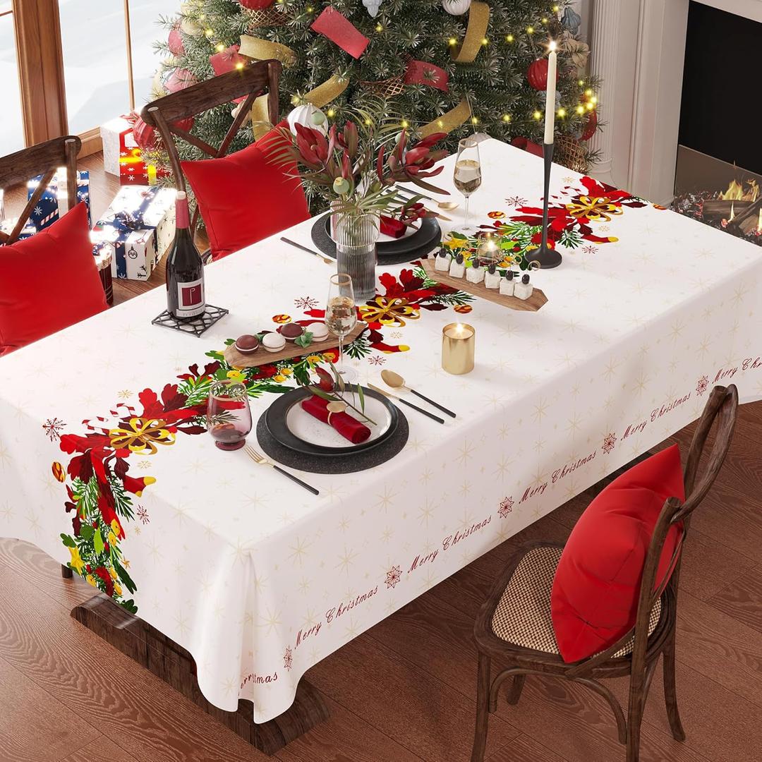 Christmas Rectangle Table Cloth,100% Waterproof Tablecloth,Christmas Decorations for Home, Vinyl Tablecloth Plastic Table Cover for PartyPicnic,Dining,Outdoor 54" x 78",Frosted Wreath