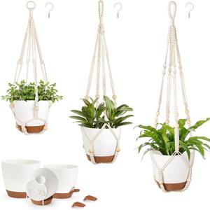 Mkono 3 Pack Hanging Planters for Indoor Plants with Self Watering, Outdoor Hanging Plant Pots with 35"/29"/23" Macrame Plant Hangers, 2 Types of Hanging Baskets for Garden Home Decor (Ivory)