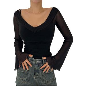 SOLY HUX Women's Off The Shoulder T Shirt Mesh Bell Long Sleeve Slim Fitted Tee Going Out Tops (L)
