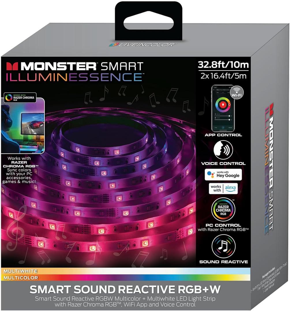 Monster 32.8ft Sound Reactive RGB+W Light Strip, Smart Multi-Color + Multiwhite, Indoor Use, App & Voice Control, Xtreme Easy Assembly