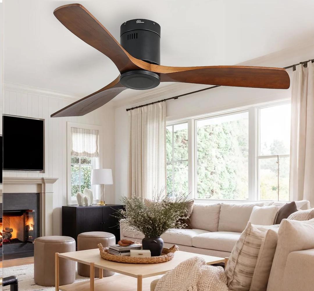 Sofucor 52 Inch Solid Wood Ceiling Fan Without Lights Flush Mount Ceiling Fan with Remote Control-Wood Blades Modern Outdoor Ceiling Fans No Light for Bedroom/Farmhouse/Patio/Indoor, Brown Black