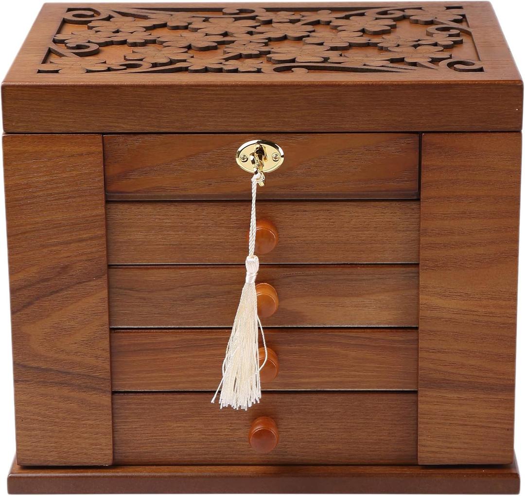 Changsuo Wooden Jewelry Box for Women, Organizer Box of Solid Wood with Lock and Key for Jewelries, Watches, Necklace, Ring, Lockable Storage Case (Cherry)