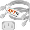 HUANCHAIN 2 Pack 4 FT Power Cord 3 Prong, 18/3 PC Power Cable for Comeputer, Monitor, TVs, Projectors, Desktops, Speakers, 10A 125V 1250W 18AWG, White ETL Listed