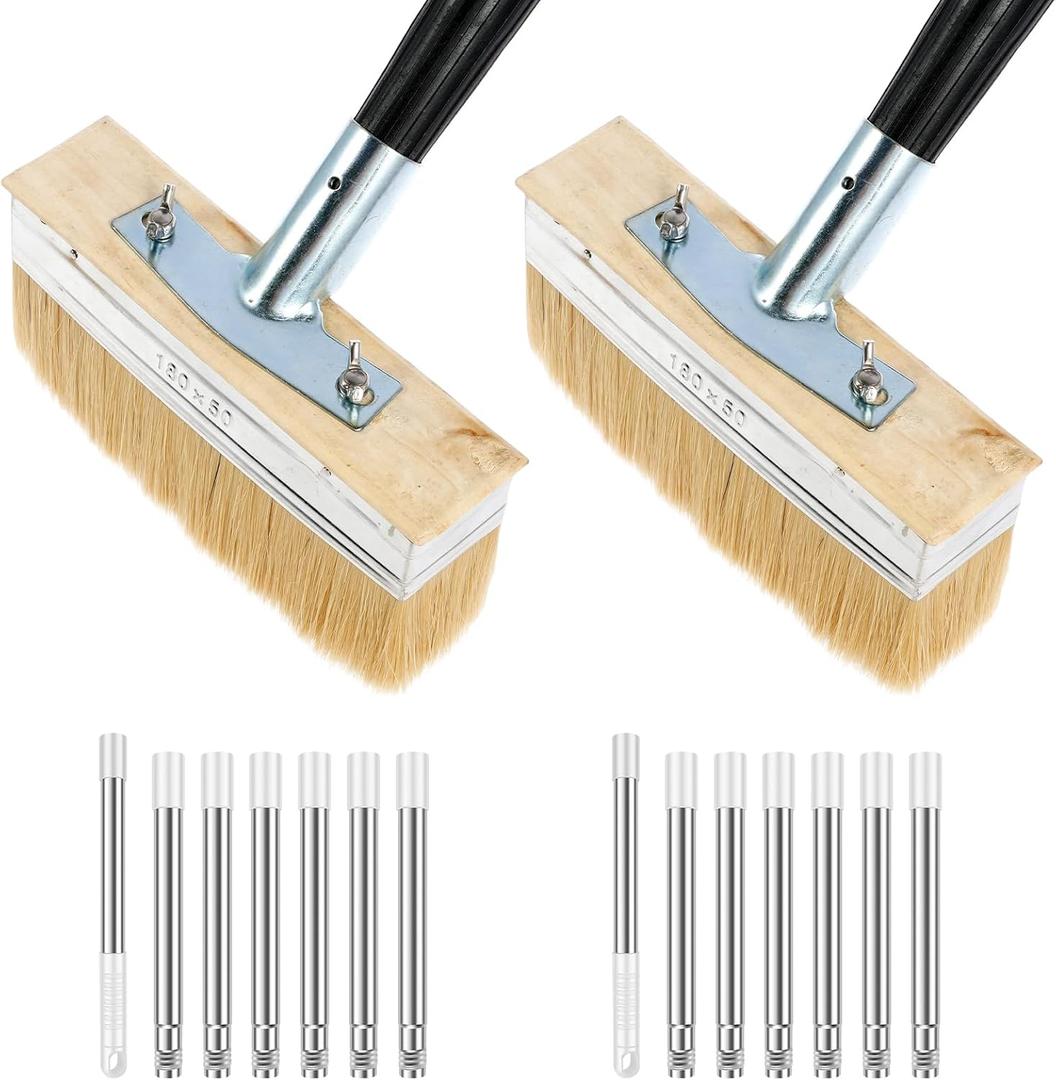 2-Pack Deck Stain Brush Set with 67" Extension Pole 6.88" Wide Boar Bristle Blend Paint Brush for Wood Deck, Fence, Wall, Furniture Multi-Surface Applicator for Stain, Limewash, Latex Paint