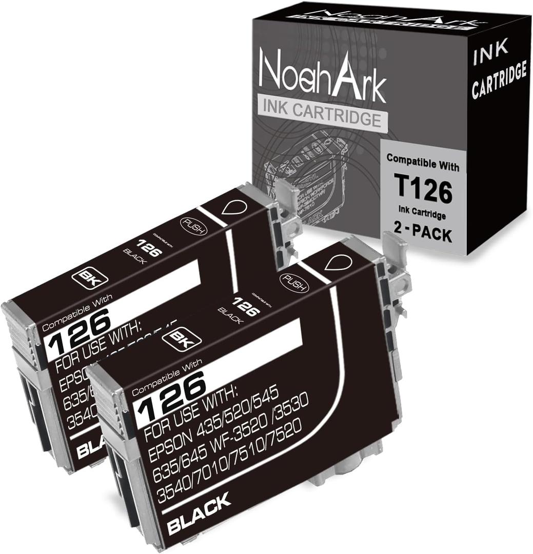 NoahArk 2 Pack T126 Remanufacture Ink Cartridge Replacement for Epson 126 T126 for Workforce 435 520 545 635 645 845 WF-3520 WF-3530 WF-3540 WF-7010 WF-7510 WF-7520, 2 Black