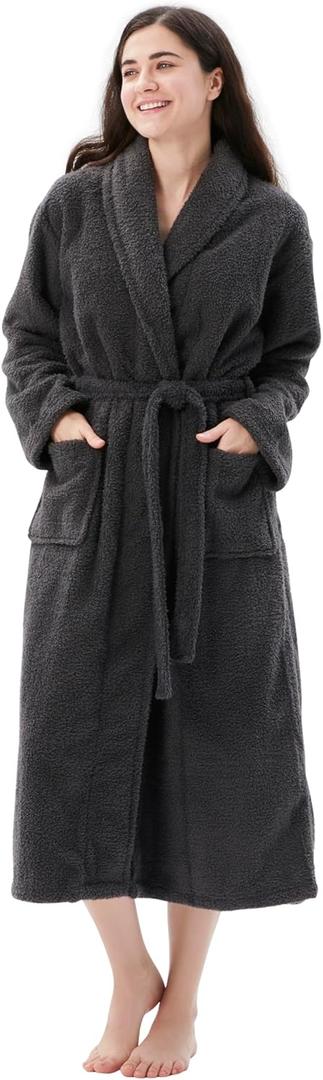 COOVA Premium Women's Plush Soft Robe  Fluffy, Warm Fleece Long Sherpa Bathrobe (Gray, XL)