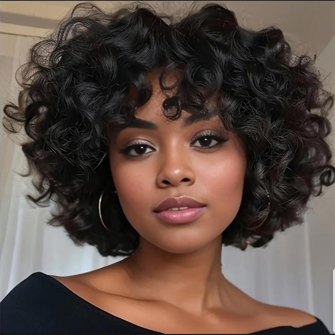 Short Curly Bob Human Hair Wigs for Black Women Fringe Bouncy Wig Human Hair Glueless Wig with Bangs Rose Curly Human Hair Wig Short Pixie Cut Wig Fluffy Wave Bob Wigs Natural 10 Inch