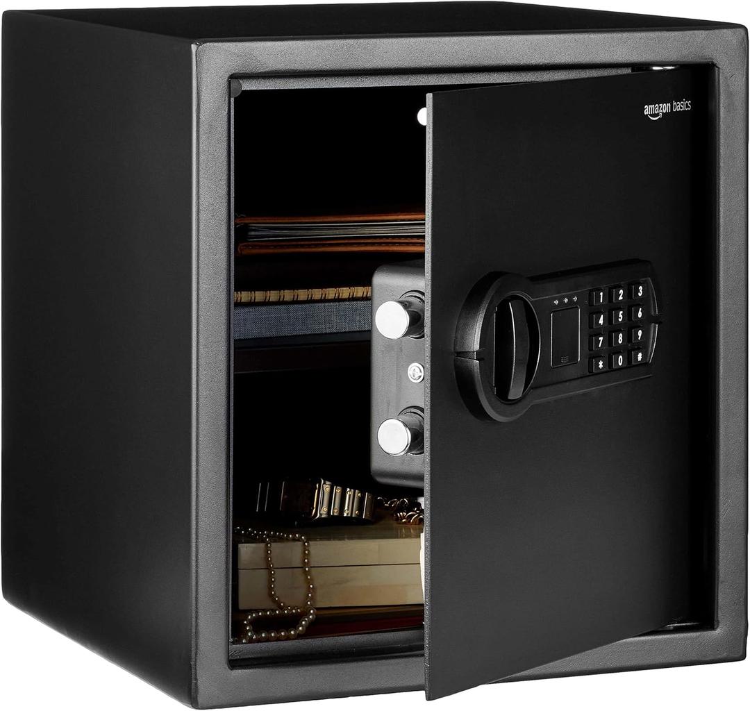 Amazon Basics Steel Home Security Electronic Safe with Digital Keypad, Programmable Lock for Important Documents, Jewelry, Valuables, 1.2 Cubic Feet, Black, 13"W x 13"D x 14.2"H