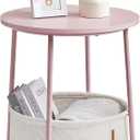 VASAGLE Small Round Side End Table, Modern Nightstand with Fabric Basket, Cement Gray and Cream White ULET223G49