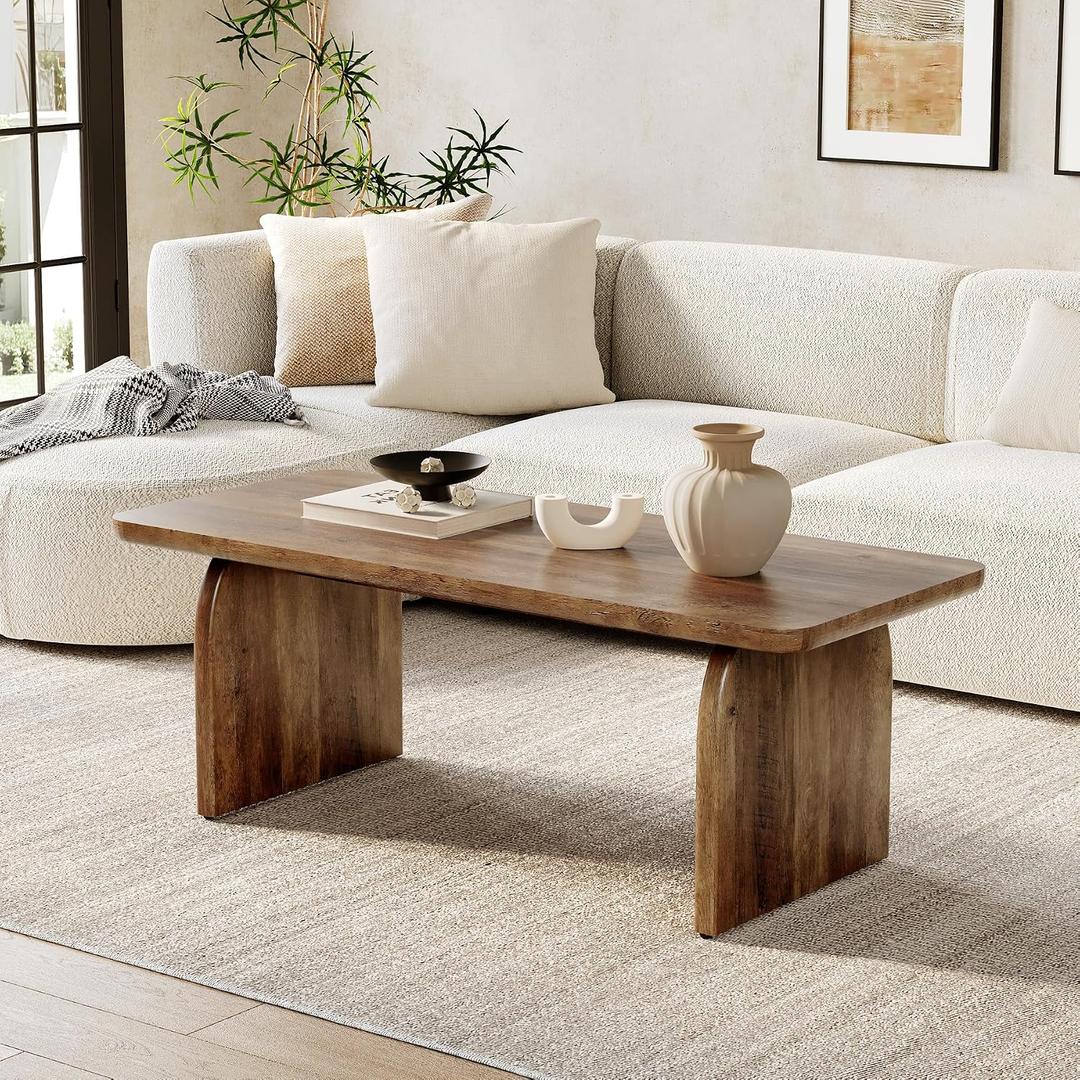 LITTLE TREE Farmhouse Coffee Table, 47 Inches Wooden Center Tables with Rounded Corners, Rectangular Living Room Tables, Modern Low Cocktail Tea Furniture for Living Room (Rustic Brown), 47.24" W X 23.62" D X 20.08" H