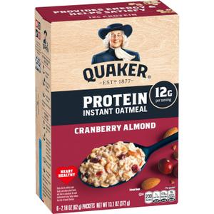 Quaker Protein Instant Oatmeal, Cranberry Almond, 12g Protein per Serving, Whole Grains, No Artificial Flavors, No Added Colors, 2.18 oz Packets, (6 Pack) (EXP 08/09/26)