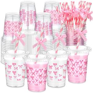 Tioncy 100 Set 12 oz Pink Bow Party Plastic Cups with Lids and Straws Coquette Disposable Bow Clear Plastic Cups for Hot Cold Drinks Birthday Baby Shower Bachelorette Party Supplies