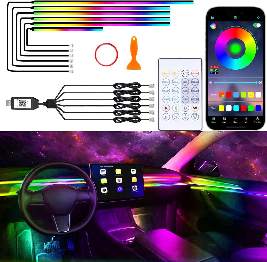 Acrylic Interior Car Lights, 6 in 1 Dreamcolor Ambient Lighting Kit with Wireless APP/Remote/Button Control, USB Car Inside Lighting Accessories with Music Mode for Vehicle Decoration