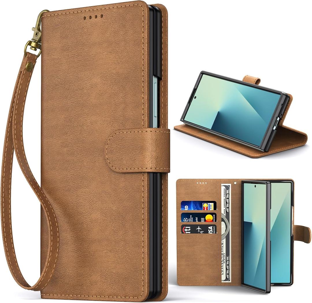 Oududianzi Leather Wallet Case for Samsung Galaxy Z Fold 7, PU Leather Flip Cover with Card Slots, Wrist Strap & Kickstand, Protective Phone Case, Brown