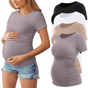 Huukeay 4 Pack Women's Maternity Shirts, Crew Neck Maternity Top Short Sleeve Casual Cotton Tee Side Ruched Pregnancy Clothes (L)