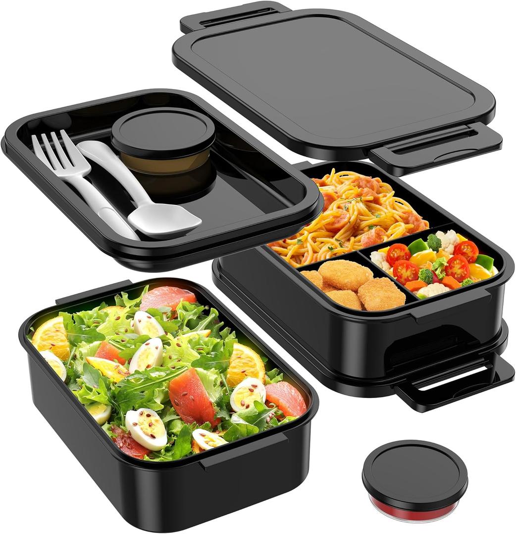 Jelife Adult Bento Box Lunch Box - Large Style Stackable Bento Lunch Box for Adults, 72oz All-in-One 3 Layers Bento Boxes Leak-Proof Lunchbox with Utensil Sauce Containers for Dining Out,Work, Black
