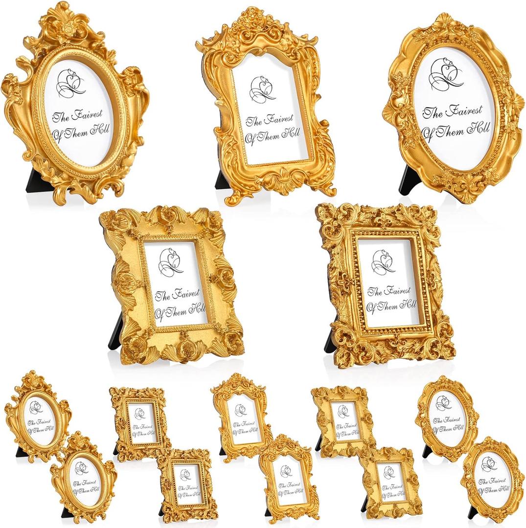 Maitys 15 Pcs Mini Picture Vintage Frames with Stands Tiny Antique Photo Baroque Ornate Resin Oval Frame Table Top Display Home Wedding Decor (Gold)