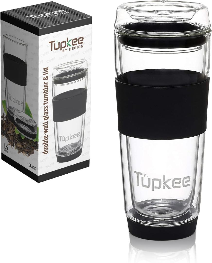  Double Wall Glass Tumbler - 14-Ounce, All Glass Reusable Insulated Tea/Coffee Mug & Lid, Hand Blown Glass Travel Mug - Black