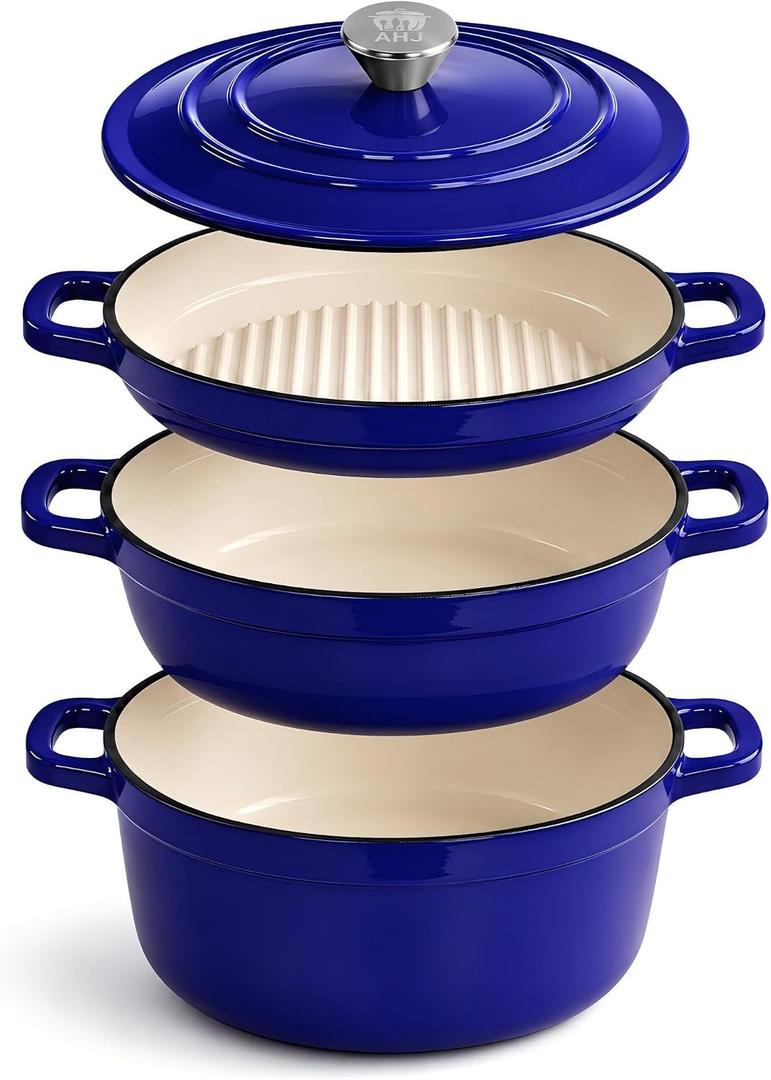 AHJ Cast Iron Dutch Oven Set - 4 Piece Nesting Enameled Cookware with Lid