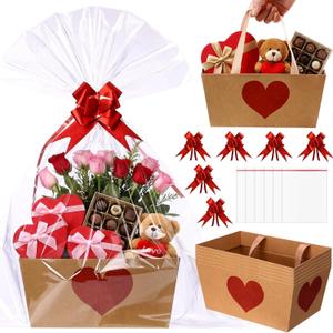 Funnymoom 6 Pack Mother's Day Red Heart Kraft Basket for Gifts Empty with Cellophane Bag Pull Bows Love Basket Gift Box for Mother's Day Wedding Bridal Birthday Party Favors, 9.8 x 6.5 Inch