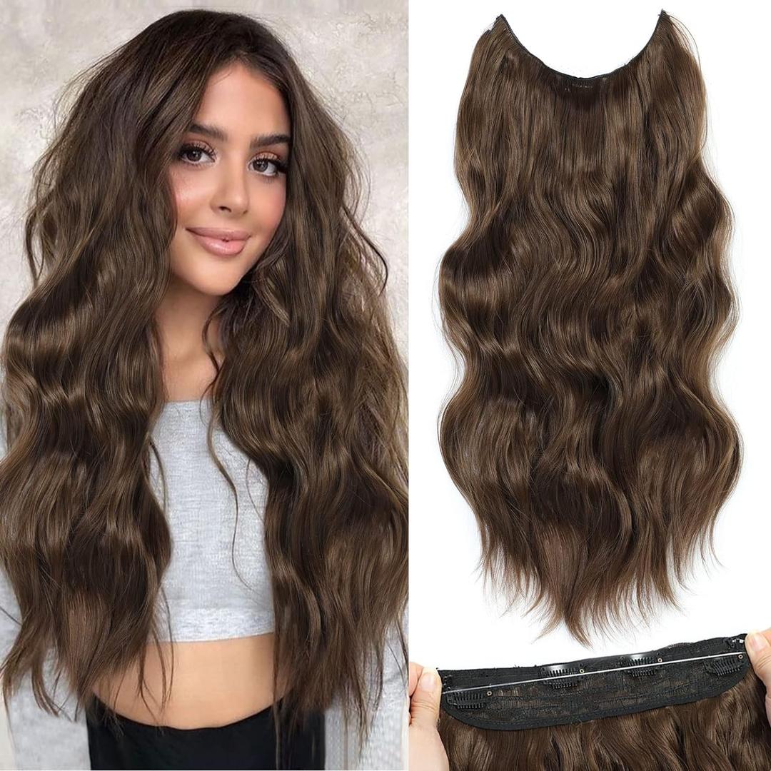 Halo Hair Extensions 20 Inch Invisible Wire Hair Extensions Adjustable Long Wavy Hairpiece Synthetic Upgrade 4 Secure Clips in Hairpieces 20 Inch,Medium Brown (20 Inch, Medium Brown)