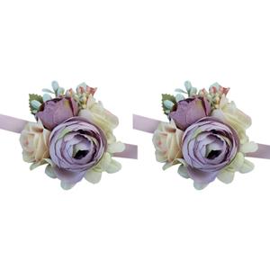 USIX 2pc Pack-Handmade Artificial Peony Flower Wrist Corsage with Satin Wristband for Girl Bridesmaid Wedding Party Prom Flower Corsage Hand Flower (Purple Wrist Corsage x2)