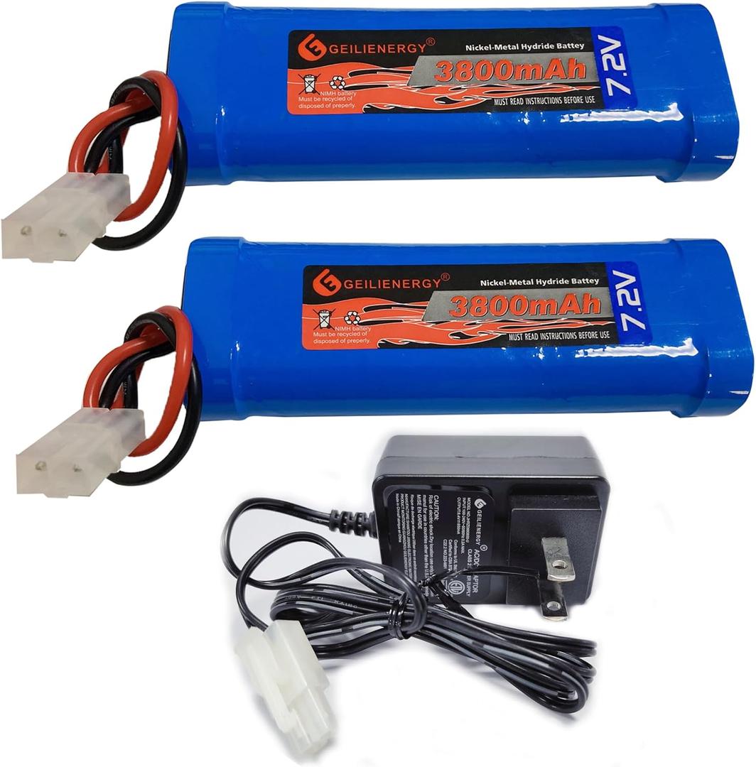 7.2V 3800mAh 6-Cell NiMH Battery for RC Cars Hobby Battery with Tamiya Connector for Car Truck Truggy Buggy Tank Airplane Helicopter Boat Racing (2 Pack) + 1PCS 7.2V Charger