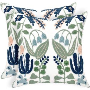 Alysheer Spring Floral Embroidered Decorative Throw Pillow Covers 18"x 18" Set of 2, Farmhouse Navy Blue Flowers Green Leaves Tufted Patterned Cotton Cushion Cases for Couch Bed Living Room Decor
